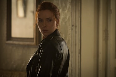 Scarlett Johansson looking back as Natasha Romanoff in Black Widow