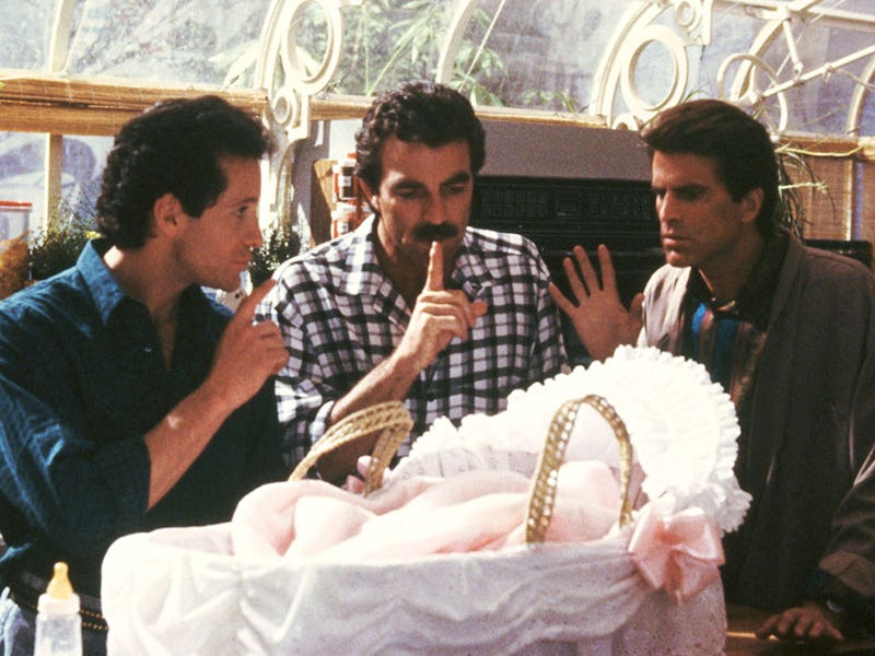 Tom Selleck, Steve Guttenberg, and Ted Danson in a film about unexpected fatherhood, Three Men and a...