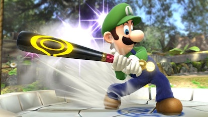 Luigi using the Home run bat in Super smash brothers.