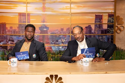 Kevin Hart and Snoop Dogg pose on the set of their 'Olympic Highlights' show on Peacock.