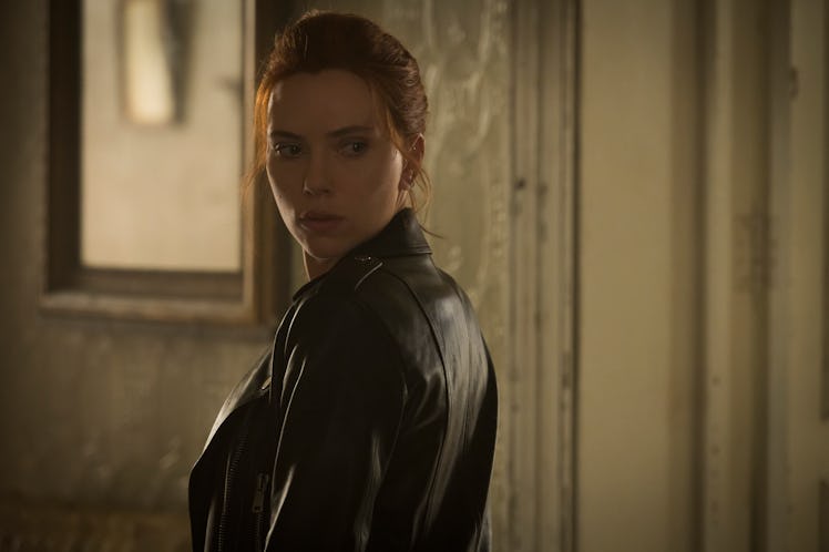 Scarlett Johansson turning around as Natasha Romanoff in Black Widow
