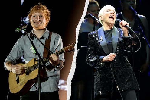 Collage photo of Ed Sheeran and Annie Lennox performing on a fundraiser for COVID relief in India