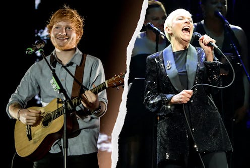 Collage photo of Ed Sheeran and Annie Lennox performing on a fundraiser for COVID relief in India