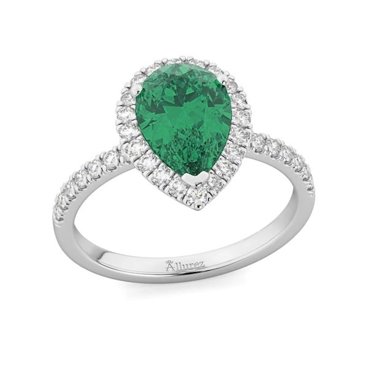 Pear Cut Halo Emerald And Diamond Engagement Ring