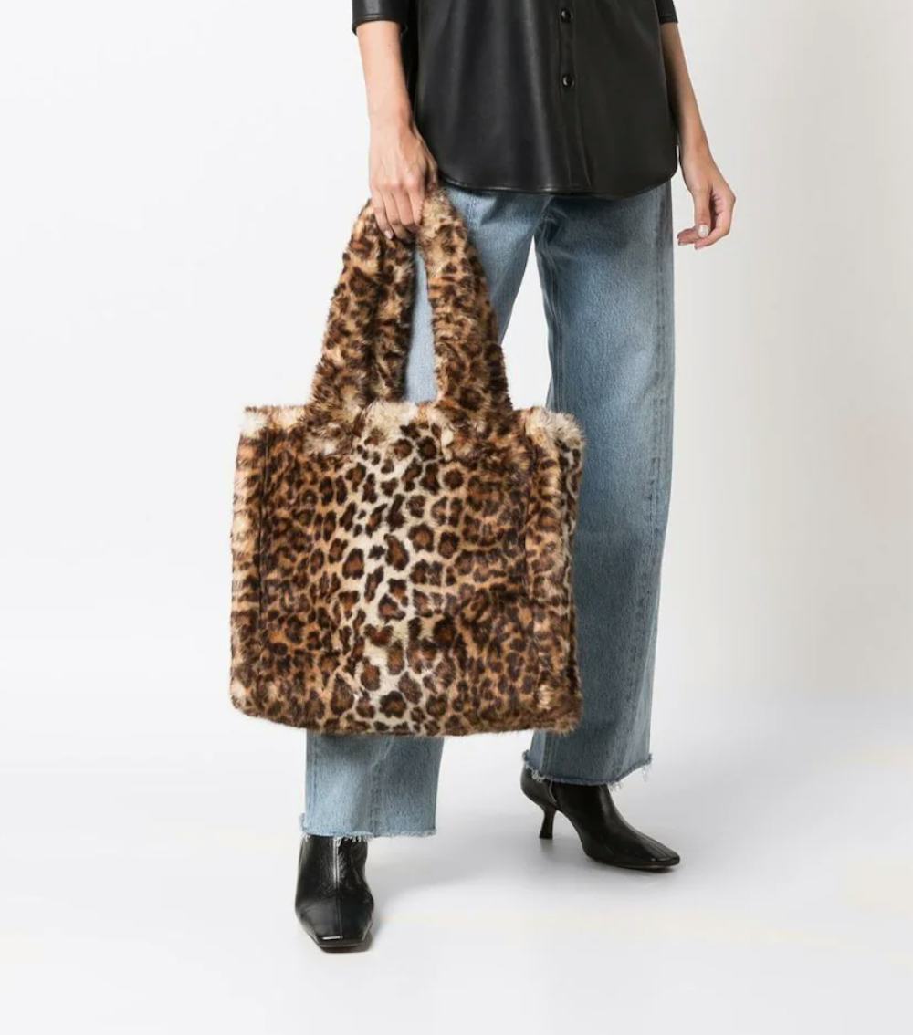 leopard-print faux fur tote bag