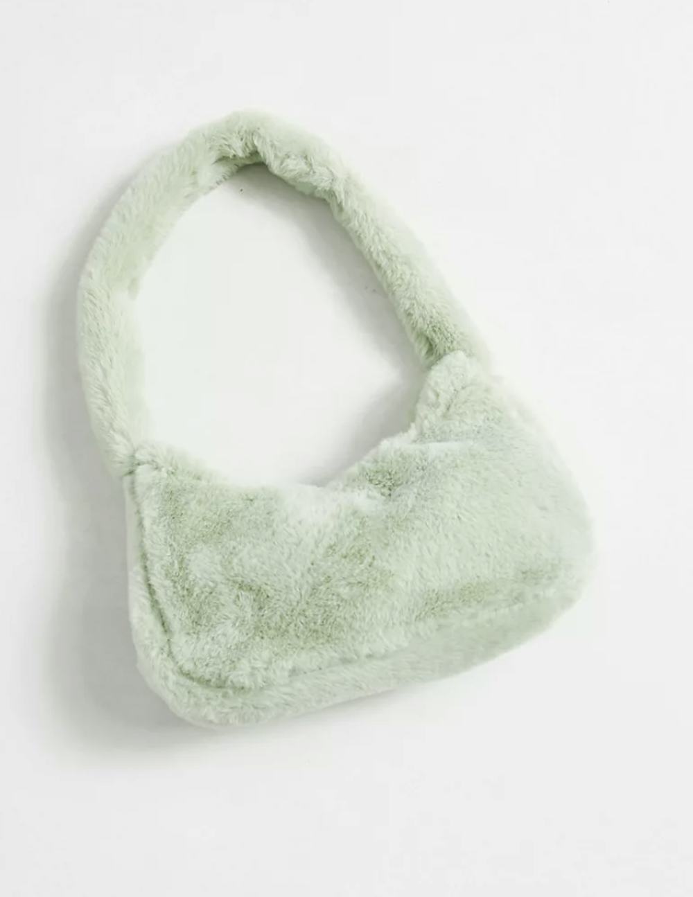 90s shoulder bag in plush sage green faux fur
