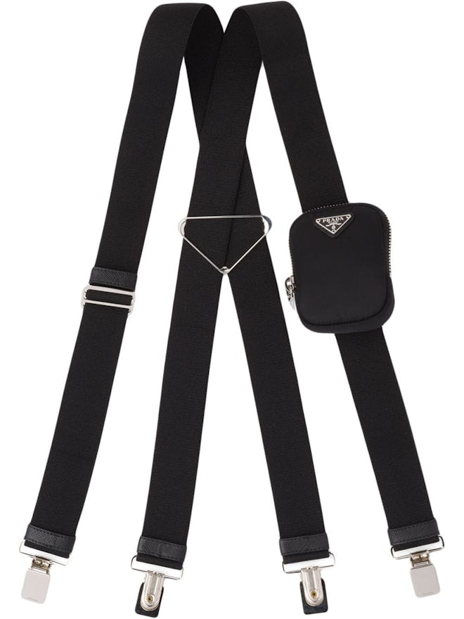 Triangle-logo braces suspenders from Prada, available to shop on Farfetch.
