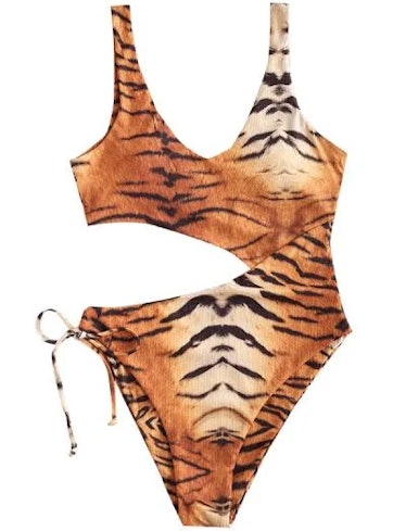Cutout Ribbed Tiger Print One-piece Swimsuit