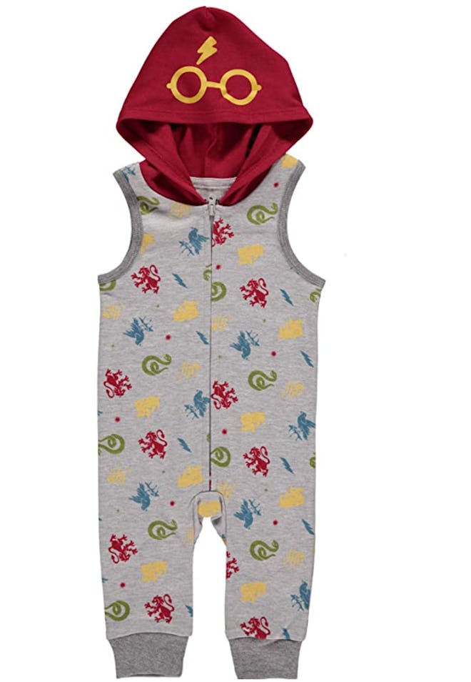 Hooded baby romper with Harry Potter symbols all over it and glasses screen printed onto the hood