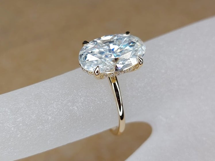5-Carat Ice Oval Cut Moissanite Diamond, Hidden Halo Engagement Ring