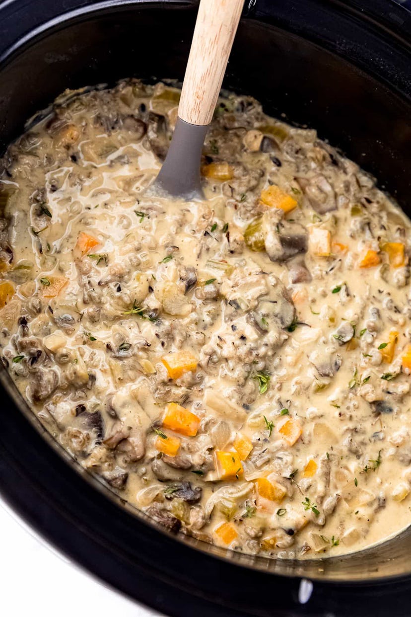 Mushroom wild rice soup is an easy slow cooker recipe for school nights. 