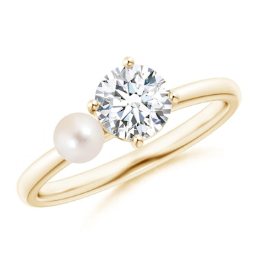 Freshwater Pearl & Tilted Round Diamond 2-Stone Grande Engagement Ring