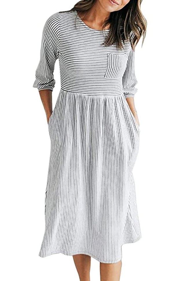 MEROKEETY Striped Midi Dress
