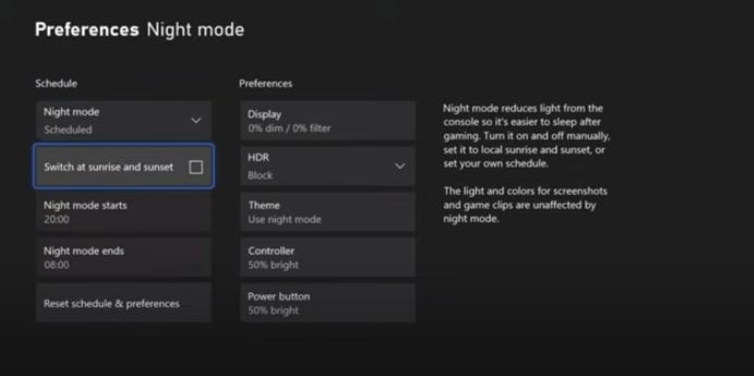 A screenshot from Tom Warren's demonstration video of Xbox's new night mode feature 