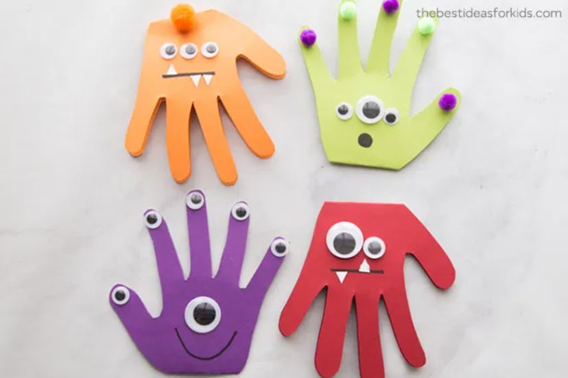 This monster craft is one Halloween handprint art idea for kids.