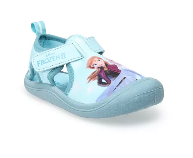 a toddler water shoe featuring anna and elsa from Frozen