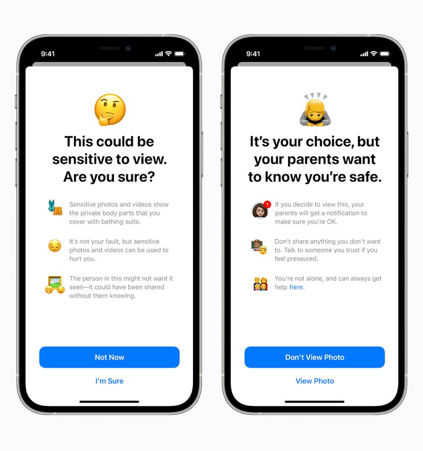 Side-by-side images of iPhone screens show how children will be warned when they receive images Appl...