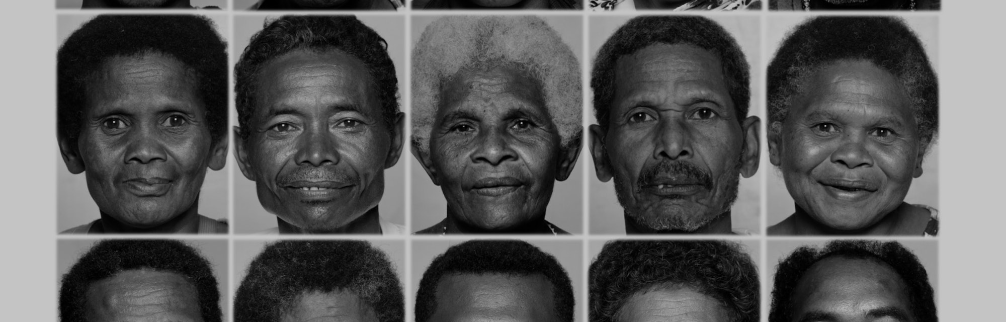 Grid of black-and-white portraits of Negrito population from the Philippines.