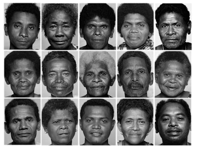 Grid of black-and-white portraits of Negrito population from the Philippines.