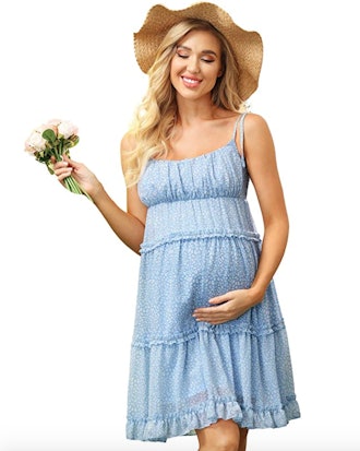 cami maternity dress with ruffles and a blue flower print