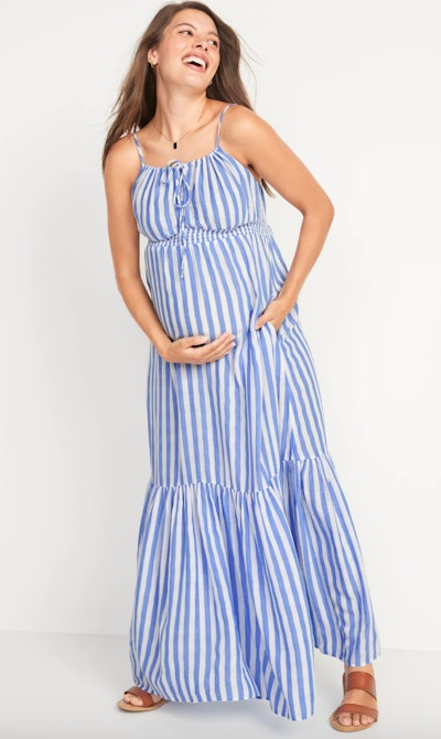 vertical blue and white striped maternity maxi dress