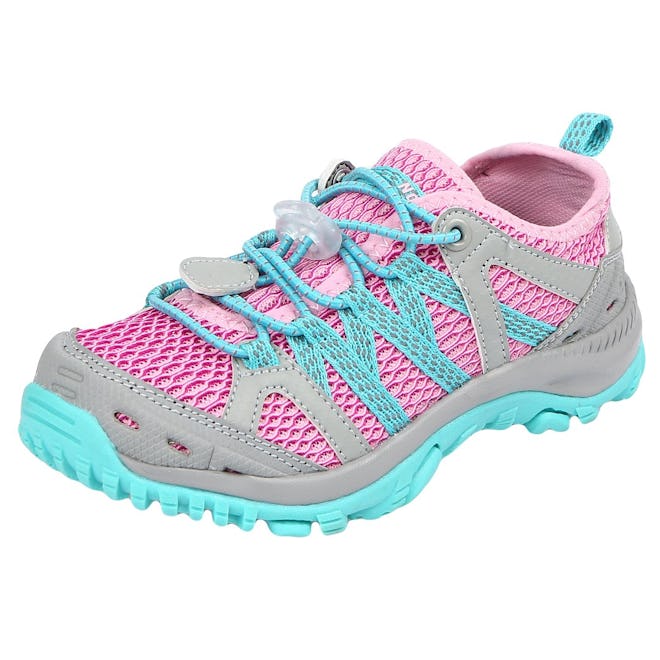 closed toed hiking and water shoe in pink and teal with stretch laces