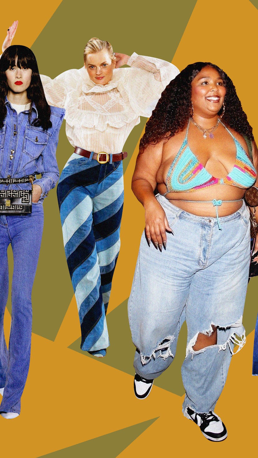 Female outfits distressed jeans, patchwork, baggy, bootcut jeans, and low-rise trends