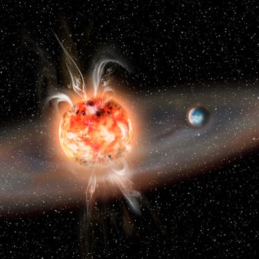 Violent outbursts of boiling hot gas from young red dwarf stars could potentially evaporate the atmo...