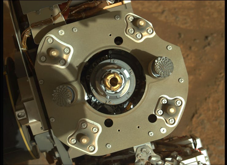 This enhanced-color image from the Mastcam-Z instrument aboard NASA’s Perseverance rover shows sampl...