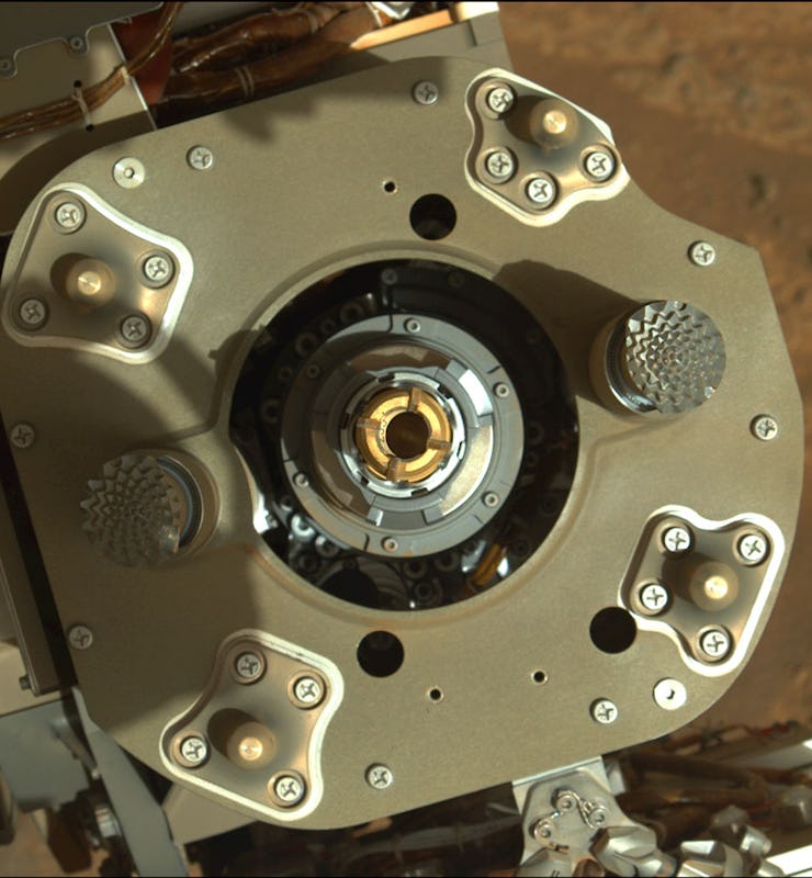 This enhanced-color image from the Mastcam-Z instrument aboard NASA’s Perseverance rover shows sampl...