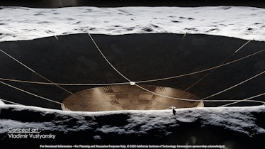 The lunar radio telescope will be suspended in a deep crater on the far side of the Moon, away from ...