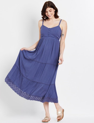 blue flowy maternity dress with crochet hem detail