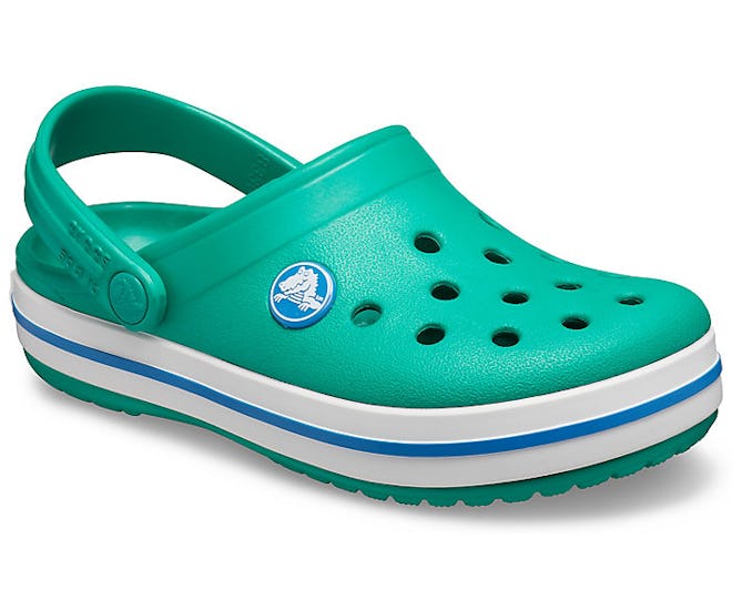 Kids crocs with back strap in green with blue accents