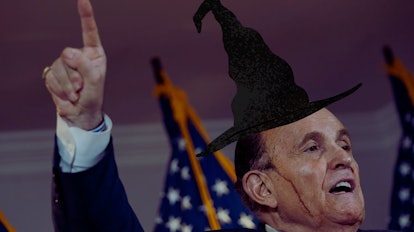 Rudy Giuliani press conference with leaking hair dye and witch hat photoshop