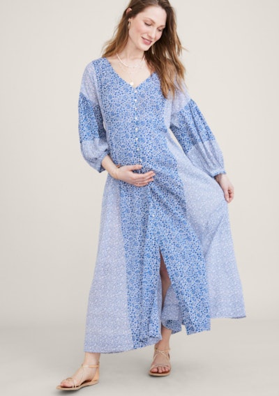 button up blue flowy maternity dress in patchwork print