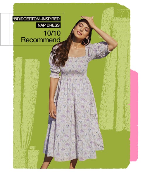 A woman wearing a Bridgerton inspired nap dress Nap Dress in front of a green background