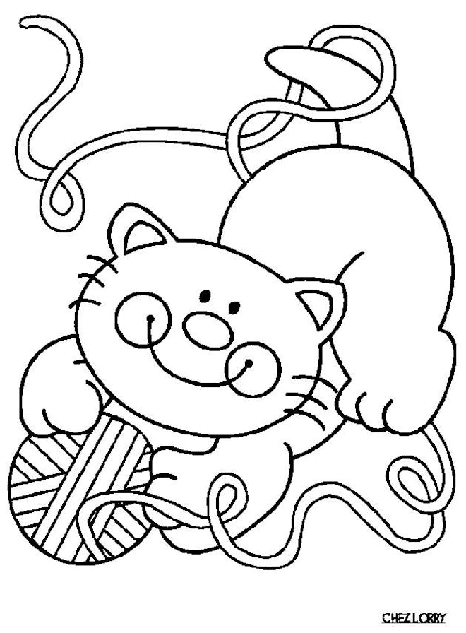 Cat coloring page; smiling cat playing with a ball of yarn
