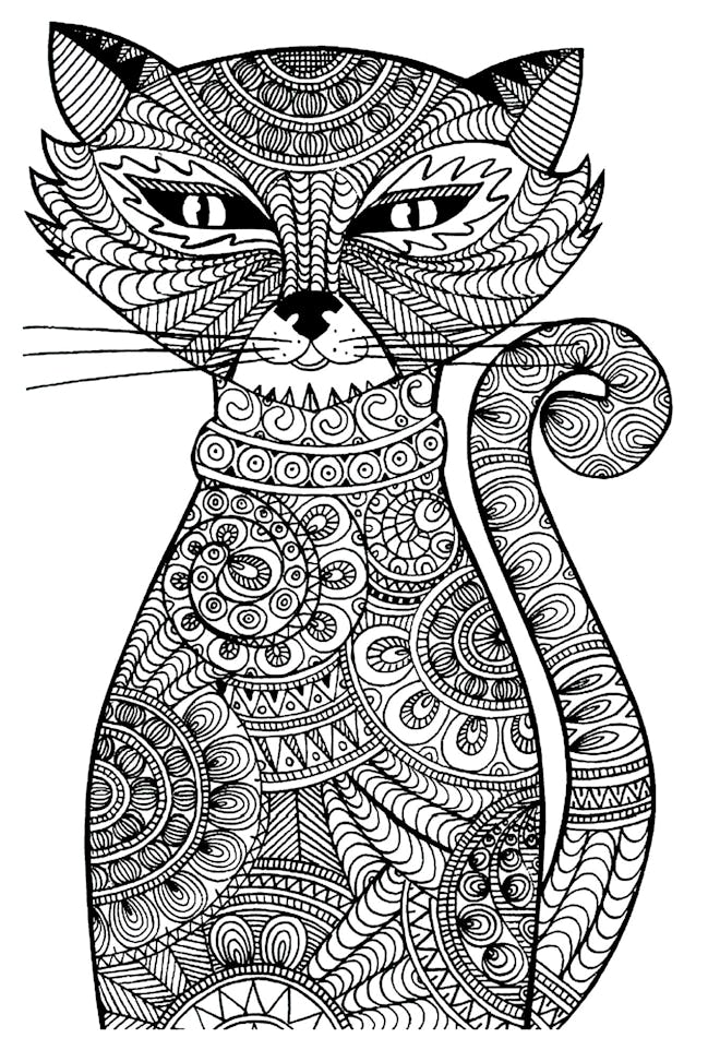 Adult cat coloring page; cat looking head-on, filled with lots of small details and designs