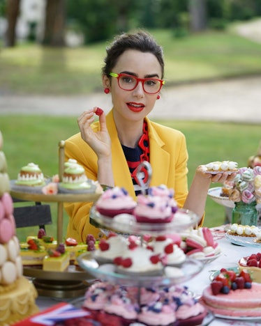 Lily Collins as Prue Leith from The Great British Baking Show