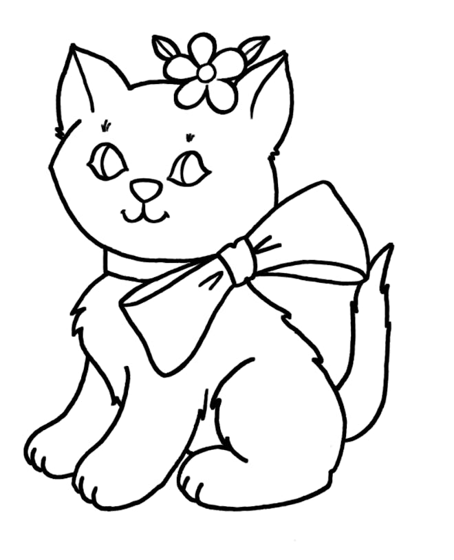 Cat Coloring Page; cat with a big bow on its neck and flower on its head