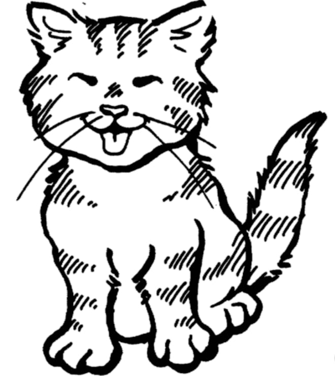 Cat Coloring Page; kitten with its eyes closed, smiling/meowing