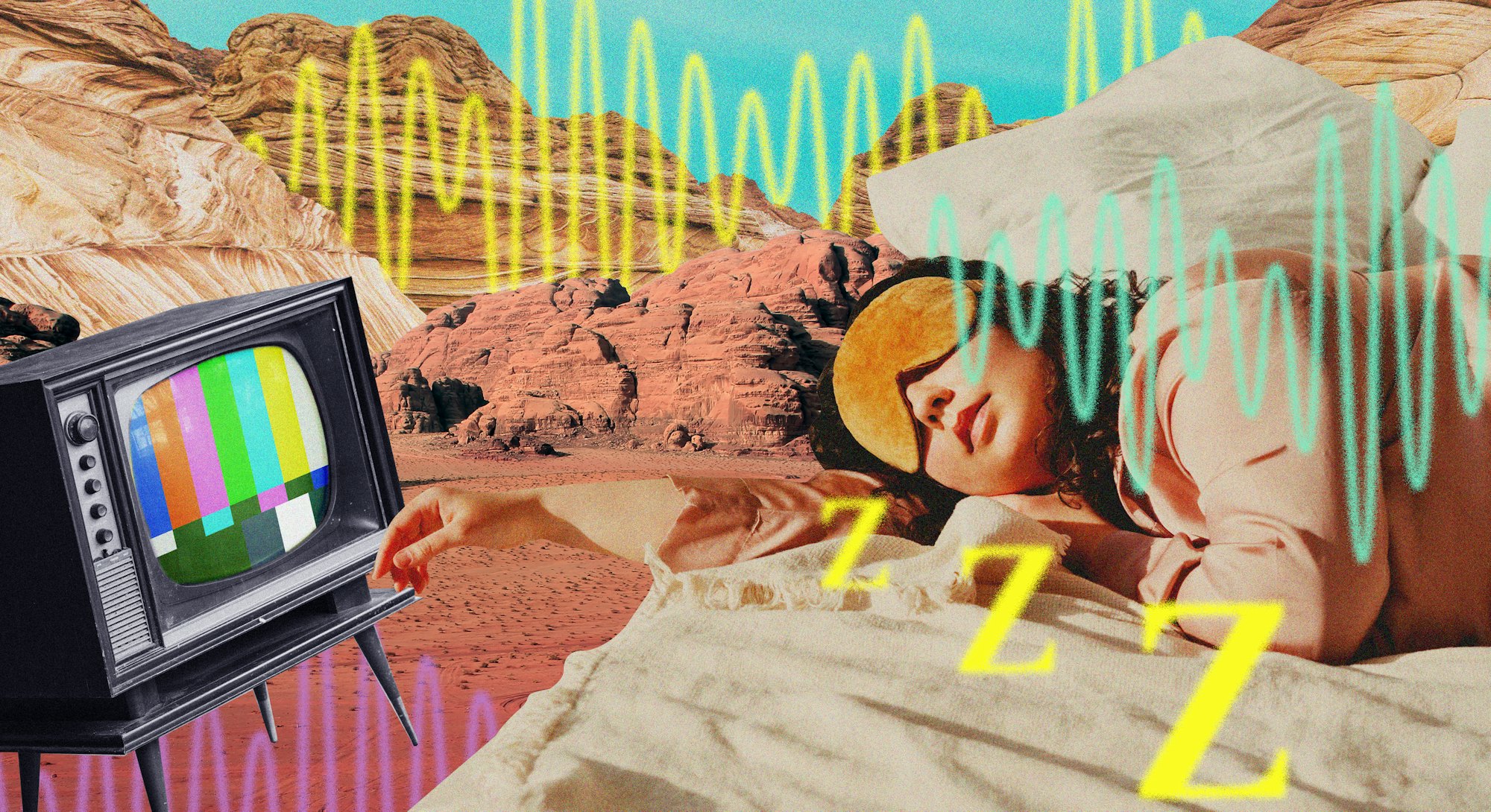 An abstract collage of a woman with a sleeping mask who sleeps wth background noise