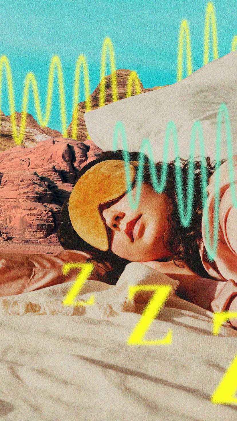 An abstract collage of a woman with a sleeping mask who sleeps wth background noise