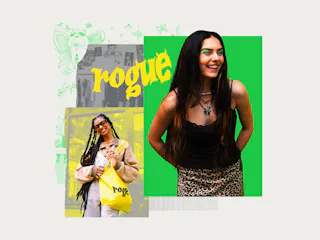 A collage showing Emma Rogue, in green eyeshadow, leaning forward and laughing, over images of her s...