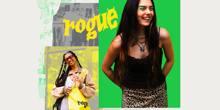 A collage showing Emma Rogue, in green eyeshadow, leaning forward and laughing, over images of her s...
