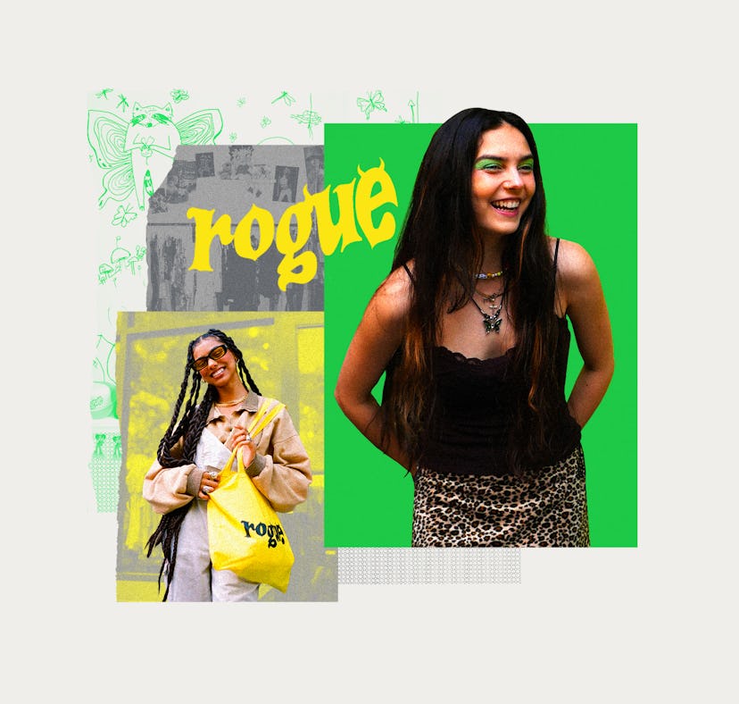 A collage showing Emma Rogue, in green eyeshadow, leaning forward and laughing, over images of her s...