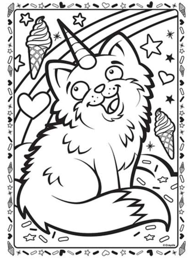 Cat coloring page; can with unicorn horn surrounded by hearts, ice cream, and rainbows