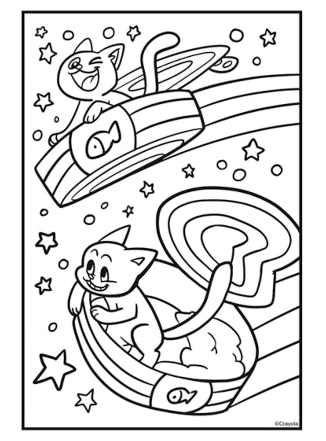 Cat coloring page: cats in flying saucers, flying in the air with rainbows