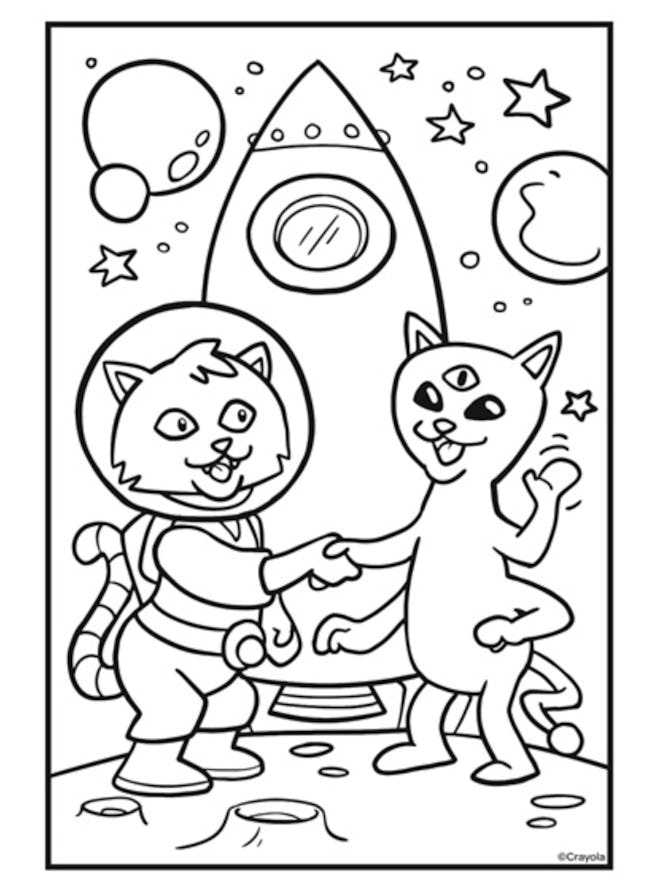 Cat coloring page: Cat in space shaking hands with cat-alien with a rocket ship behind them