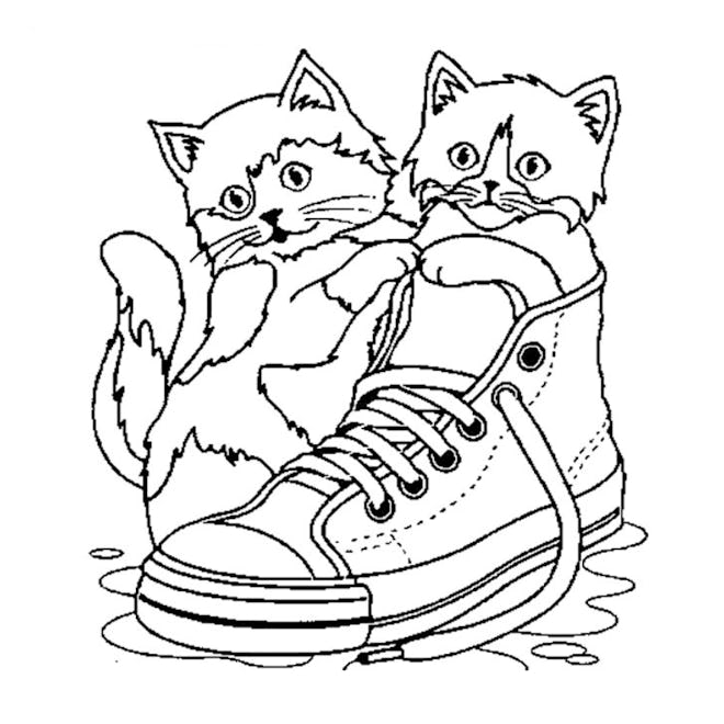 Cat coloring page; two small kittens playing in a high-top sneaker